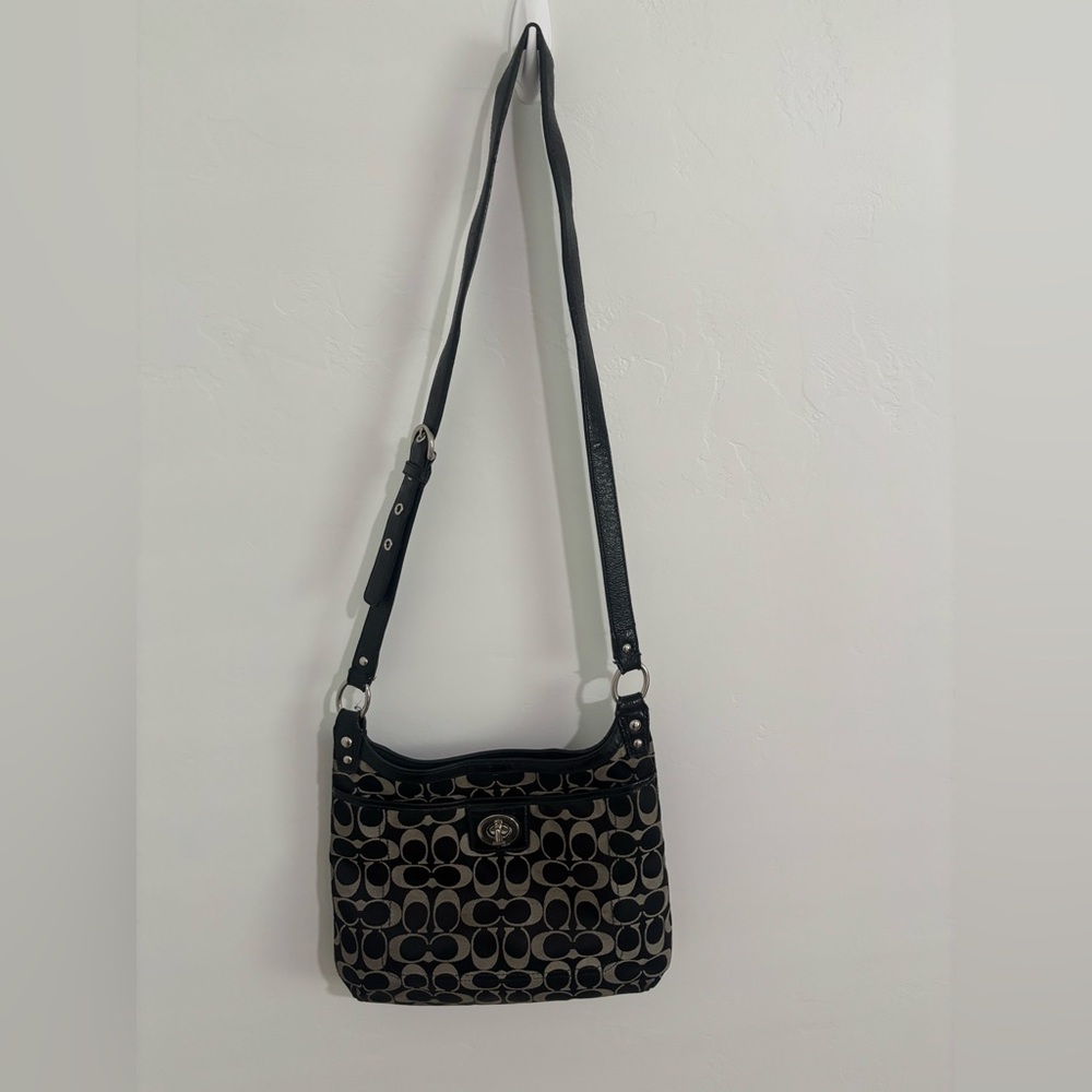 Coach Signature Turnlock Shoulder Bag Black Canvas & Leather Trim